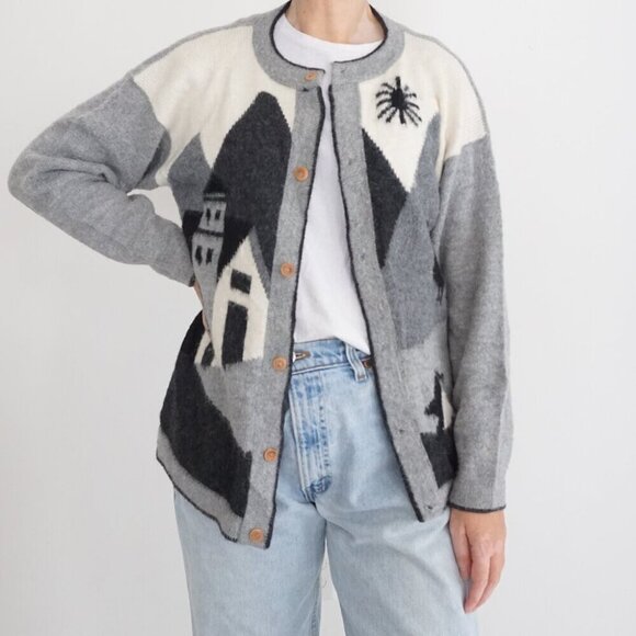 Vintage White Grey Landscape Penguin Alpaca Wool Button Up Cardigan Sweater M - Picture 1 of 11